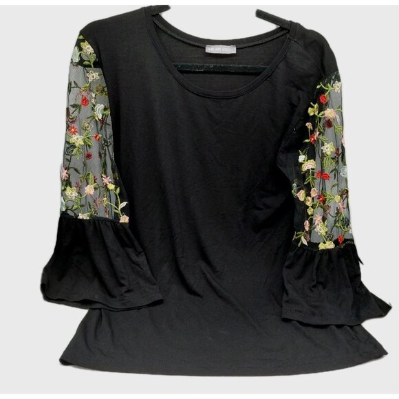 Milan Kiss Women's Shirt Size XL Black Top Embroidered Mesh Sleeve - Picture 1 of 9